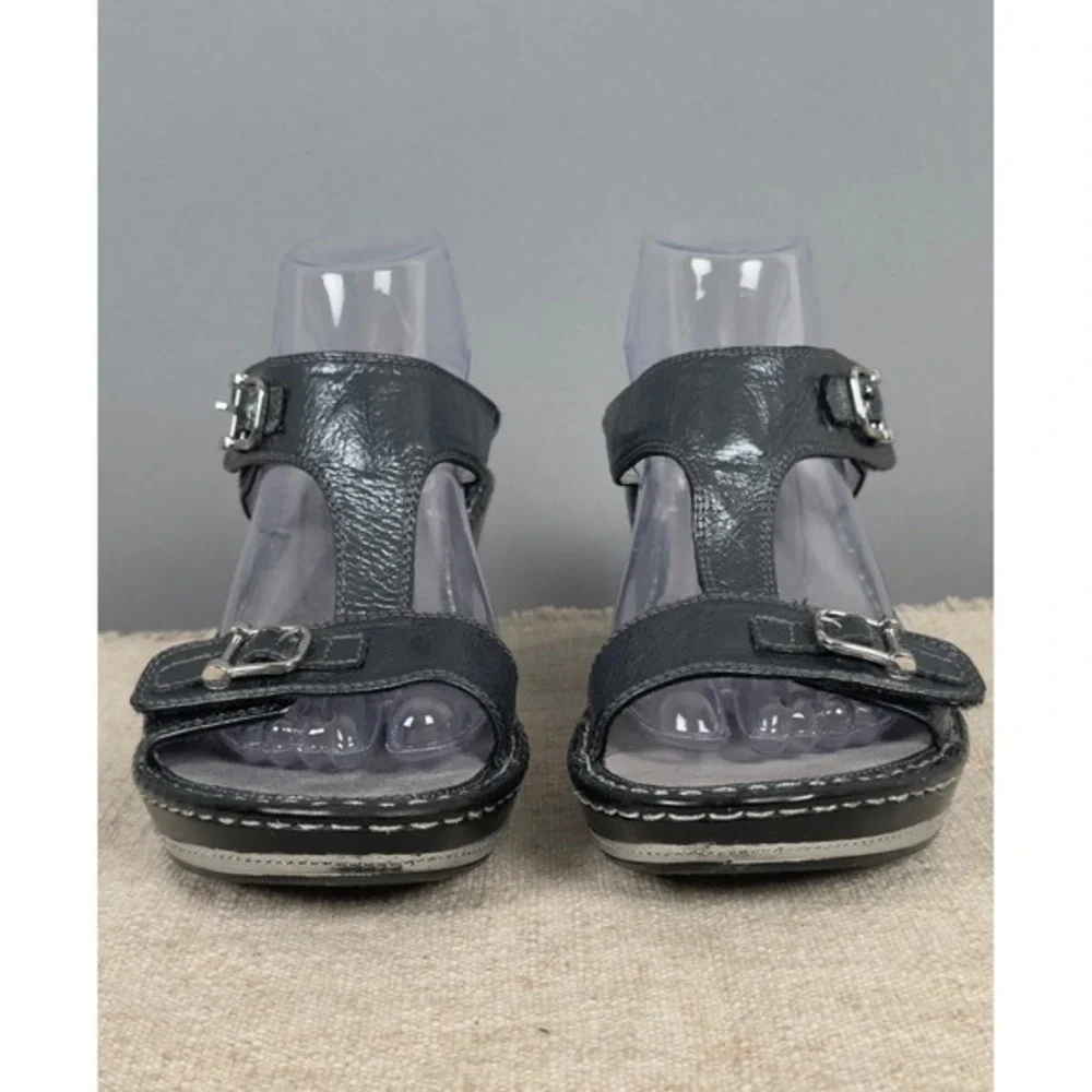 Alegria Lara Grey Metallic Leather Wedge‎ Sandals Buckle Slide LAR-214 Womens 39